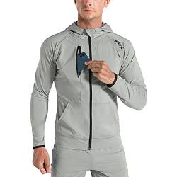 BROKIG Leichte Hoodie Herren,Schnelltrocknende Laufjacke Atmungsaktives Kapuzenpullover Trainingsjacke mit Reißverschluss(Hellgrau,S) von BROKIG