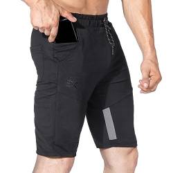 BROKIG Sport-Shorts für Herren, Bodybuilding, Baumwolle, schmal, mit Reißverschlusstaschen, Schwarz , XXL von BROKIG