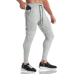 BROKIG Streifen Leichte Jogginghose Herren Trainingshose Slim Fit Laufhose Lang Fitness Sporthose(Hellgrau,XL) von BROKIG