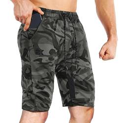 BROKIG Streifen Shorts für Krafttraining, Sport, Herren, Baumwolle, Slim mit Reißverschlusstaschen, Camo-Grün, L von BROKIG