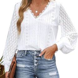 Bluse Top, Aushöhlen Frauen Bluse Plain V-Ausschnitt Scalloped Bequem für Freizeit, Weiss/opulenter Garten, XL von BROLEO