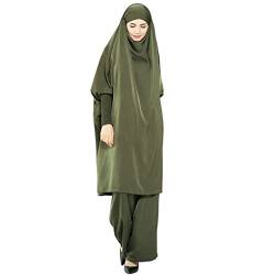 Abaya Muslim Damen Zweiteiliges Jilbab Set Lang Robe + Hose Frauen Muslimische Gebet Outfit mit Gebets Hijab Frauen Lässig Abaya Niqab Anzug Burka Ganzkörper Damen Ebets Kleid Kleidung Set Dunkelgrün von BRONG