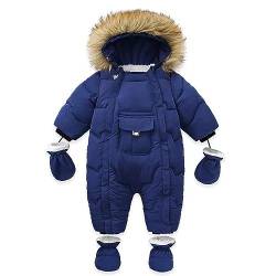 BRONG Baby Jungen Mädchen Winter Schneeanzug Kapuze Jacke Gestiefelt Strampler mit Handschuhen Kleinkind Overall mit abnehmbarem Pelzbesatz Blau 12-18 Monate von BRONG