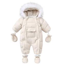 BRONG Baby Jungen Mädchen Winter Schneeanzug Kapuze Jacke Gestiefelt Strampler mit Handschuhen Kleinkind Overall mit abnehmbarem Pelzbesatz Weiß 12-18 Monate von BRONG