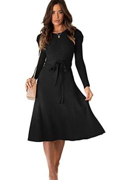 BRONG Damen Pulloverkleider Elegant Strickkleid Rundhals Frühling Winter Langarm Tunika Slim Sweater Kleid mit Gürtel, Schwarz , L von BRONG