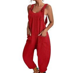 BRONG Latzhose Damen Sommer Weites Bein Jumpsuit mit Tasche Lässig Lose Overall für Frauen Strampler Ärmellos Riemchen Latzhose Verstellbar Strampelanzüge Rot L von BRONG