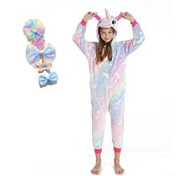 BRONG Mädchen Einhorn Einteiler Pyjama Weicher Schlafanzug für Kinder Unisex mit Schleife Haarnadel von BRONG