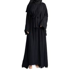 BRONG Öffnen Abaya Muslim Damen Gebet Robe Strickjacke + Gebetskleidung für Frauen mit Gürtel Satz Dubai Kaftan Eid Ärmellos Maxi Muslimische Kleider Schwarz L von BRONG