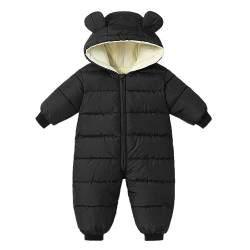 BRONG Schneeanzug Baby Mädchen Jungen Overall Winter Jumpsuit Mantel Neugeborenes Dickes Reißverschluss Strampelanzug Kleinkind Winddicht Kapuze Fleece Strampler Oberbekleidung Schwarz 6-9 Monate von BRONG