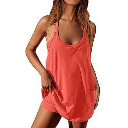 BRONG Sommerkleid Damen Tenniskleid Frauen Weit Minikleid mit Shorts Eingearbeitetem Cami Ärmellos Baumwolle Jumpsuit Trainingskleid Golf Workout Sportkleider Orange M von BRONG