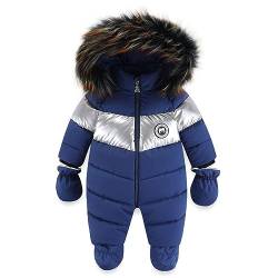 BRONG Winter Baby Jungen Schneeanzug Kapuze Strampelanzug Kleinkind Mädchen Fleece Strampler Füßlinge Oberbekleidung Reißverschluss Mantel Outfits mit Handschuhen Blau 9-12 Monate von BRONG