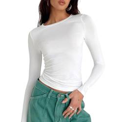 Basic Langarmshirt Damen Eng Oberteil Slim Fit Tee Longbluse Damen Lässig Crop Top Langarm Shirts Frauen Tunika Enge Oberteile Damen Blusen Streetwear Weiß M von BRONG