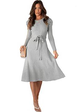 Damen Pulloverkleider Elegant Strickkleid Rundhals Frühling Winter Langarm Tunika Slim Sweater Kleid mit Gürtel, grau, S von BRONG