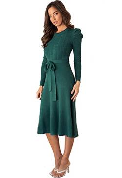 Damen Pulloverkleider Elegant Strickkleid Rundhals Frühling Winter Langarm Tunika Slim Sweater Kleid mit Gürtel, grün, XL von BRONG