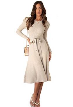 Damen Pulloverkleider Elegant Strickkleid Rundhals Frühling Winter Langarm Tunika Slim Sweater Kleid mit Gürtel, khaki, M von BRONG