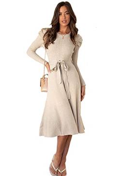 Damen Pulloverkleider Elegant Strickkleid Rundhals Frühling Winter Langarm Tunika Slim Sweater Kleid mit Gürtel, khaki, S von BRONG