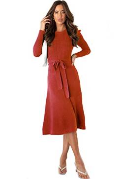 Damen Pulloverkleider Elegantes Strickkleid Rundhalsausschnitt Frühling Winter Langarm Tunika Slim Pulloverkleid mit Gürtel, rot, XX-Large von BRONG