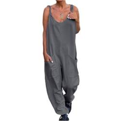 Latzhose Damen Sommer Overalls Lässig Baggy Ärmellos Jumpsuits Frauen Weites Bein Latzhosen mit Taschen Lose Hosen Grau 3XL von BRONG