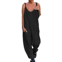 Latzhose Damen Sommer Overalls Lässig Baggy Ärmellos Jumpsuits Frauen Weites Bein Latzhosen mit Taschen Lose Hosen Schwarz XL von BRONG