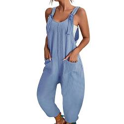 Latzhose Damen Sommer Weites Bein Jumpsuit mit Tasche Lässig Lose Overall für Frauen Strampler Ärmellos Riemchen Latzhose Verstellbar Strampelanzüge Blau XL von BRONG