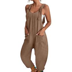 Latzhose Damen Sommer Weites Bein Jumpsuit mit Tasche Lässig Lose Overall für Frauen Strampler Ärmellos Riemchen Latzhose Verstellbar Strampelanzüge Braun L von BRONG