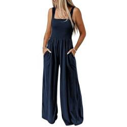 Latzhosen für Damen Sommer Riemchen Overall Frauen mit Tasche Lose Fit Lässig Latzhose Jumpsuit Lang Hose Strampler Blau S von BRONG