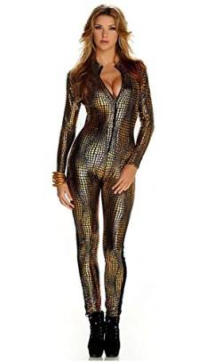 BROWOL Sexy Damen Katzenkostüm Schlangenhaut Streifen Club DS Lack Club Anzug, enge Kleidung,Schlangenhaut-Overalls Catwoman Kostüm Overallkostüm Ganzanzug Party Kleidung (Gold, XL) von BROWOL