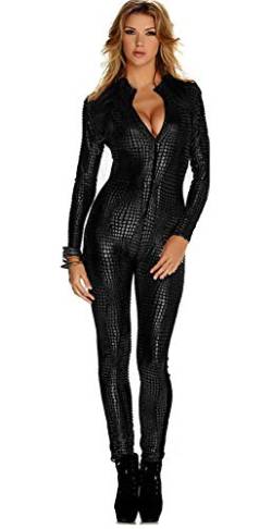 BROWOL Sexy Damen Katzenkostüm Schlangenhaut Streifen Club DS Lack Club Anzug, enge Kleidung,Schlangenhaut-Overalls Catwoman Kostüm Overallkostüm Ganzanzug Party Kleidung (Schwarz, XL) von BROWOL