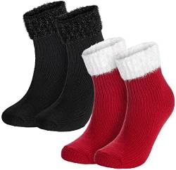 BRUBAKER 2er Pack Warme Damen Socken Schwarz Rot Mix - flauschige Weihnachtssocken - Bequeme Bettsocken Kuschelsocken - Wintersocken mit Glitzer Bund - Winter Geschenk für Weihnachten EU 39-42 von BRUBAKER