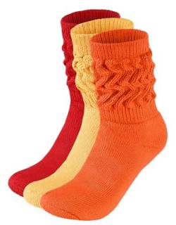 BRUBAKER 3 Paar Slouch Socken - Damen Schoppersocken für Sport und Freizeit - Lässige Retro-Socken für Frauen - Scrunch Knit Baumwollsocken - Rot, Orange und Gelb - Größe: 35-38 von BRUBAKER