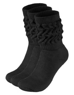 BRUBAKER 3 Paar Slouch Socken - Damen Schoppersocken für Sport und Freizeit - Lässige Retro-Socken für Frauen - Scrunch Knit Baumwollsocken - Schwarz - Größe: 35-38 von BRUBAKER