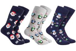 BRUBAKER 3 Paar Weihnachtssocken - Lustige Socken für Damen und Herren - Schneemann, Pinguine und Weihnachtsmann - Baumwolle Blau - Geschenk Weihnachten - EU 35-40 von BRUBAKER