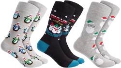 BRUBAKER 3 Paar Weihnachtssocken - Lustige Socken für Damen und Herren mit Weihnachtsmotiven - Chillin with my Snowmies, Pinguine und Bärte - Baumwolle - Geschenk Weihnachten - EU 35-40 von BRUBAKER