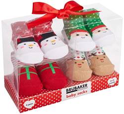 BRUBAKER 4 Paar Babysocken Jungen 0-12 Monate - Baby Weihnachtssocken Geschenkset für Neugeborene in Geschenkverpackung mit Schleife - Weihnachten von BRUBAKER