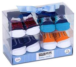 BRUBAKER 4 Paar Babysocken für Jungen 0-12 Monate - Fun Sneaker Style Söckchen in Geschenkverpackung mit Schleife Blau - Turnschuh Design - Schuh Muster Optik von BRUBAKER