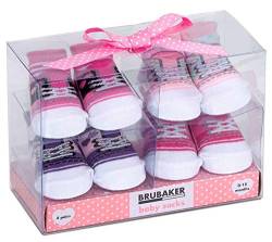 BRUBAKER 4 Paar Babysocken für Mädchen 0-12 Monate - Sneaker Style Söckchen im Geschenkset mit Schleife - Rosa Turnschuh Design - Schuh Muster Optik von BRUBAKER