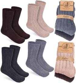 BRUBAKER 4 Paar Kinder Wollsocken - Warme Wintersocken für Jungen und Mädchen - Flauschiges Socken Set mit Schafwolle - Winter Kindersocken - Grau, Braun, Beige und Anthrazit - Größe 31-34 von BRUBAKER