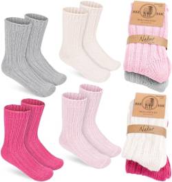 BRUBAKER 4 Paar Kinder Wollsocken - Warme Wintersocken für Jungen und Mädchen - Flauschiges Socken Set mit Schafwolle - Winter Kindersocken - Rosa, Beige, Grau und Pink - Größe 23-26 von BRUBAKER