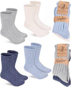 BRUBAKER 4 Paar Wollsocken - Warme Wintersocken für Damen und Herren - Flauschiges Thermosocken Set mit Schafwolle - Winter Socken - Dunkelblau, Grau, Blau und Beige - Größe 43-46 von BRUBAKER