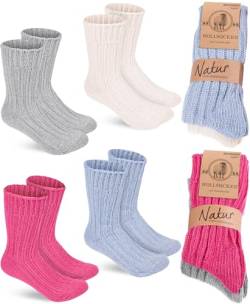 BRUBAKER 4 Paar Wollsocken - Warme Wintersocken für Damen und Herren - Flauschiges Thermosocken Set mit Schafwolle - Winter Socken - Pink, Blau, Beige und Grau - Größe 39-42 von BRUBAKER