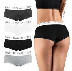 BRUBAKER 4er Pack Damen Panties - Unterhosen Slips aus Baumwolle - Hipster Unterwäsche mit Stretch Bund - Schwarz, Grau und Weiß - L von BRUBAKER