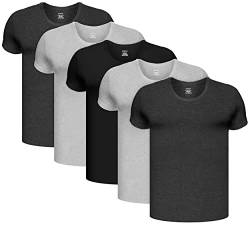 BRUBAKER 5er Pack Herren Unterhemd mit Rundhals Ausschnitt - Kurzarm T-Shirt - aus hochwertiger Baumwolle (glatt) - Extra Lang - ohne Seitennaht - 1x Schwarz, 2X Anthrazit, 2X Hellgrau - Größe S von BRUBAKER