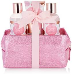 BRUBAKER Cosmetics Bade- und Dusch Set Beauty Sleep Sugared Rose - Rosen Duft - 4-teiliges Geschenkset im praktischen Kulturbeutel - Rosa Roségold von BRUBAKER