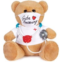 BRUBAKER Kuscheltier Teddy mit Mundschutz und Stethoskop - Gute Besserung - Teddybär 35 cm (Braun Hellbraun, 1-St., Geschenk-Set), Plüschbär mit Arzt Shirt - Plüschteddy Schmusetier von BRUBAKER