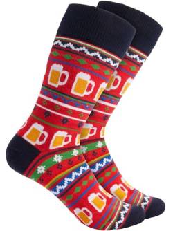 BRUBAKER Weihnachtssocken für Damen und Herren - Weihnachtsmuster mit Bier Rot - Baumwolle Socken Weihnachten - Größe 41-45 von BRUBAKER