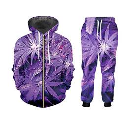 BSDASH Herren Damen Lila Weed 3D Druck Mode Trainingsanzüge Rundhalsausschnitt Hip Hop Sweatshirt Hose 2 Pcs Set Hoodies Paar Kleidung ZHPA00213 L von BSDASH