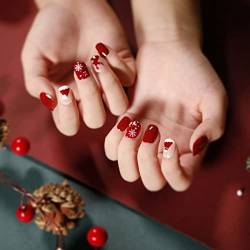 BSLVWG 24 Stück falsche Weihnachtsnägel kurz, rote Pressnägel mit Schneemann, hübsche quadratische Kunstnägel kurz mit Nagelkleber, aufklebbare Nägel für Frauen, Festival-Feiertagsnägel (04) von BSLVWG