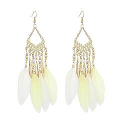 BSLVWG Böhmische Feder Ohrringe für Frauen, Faux Feder Ohrringe Böhmische Fransen Ohrringe Quaste Handmade Long Drop Dangle Earrings Ethnic Long Feather Fringe Earrings für Frauen und Mädchen (Beige) von BSLVWG