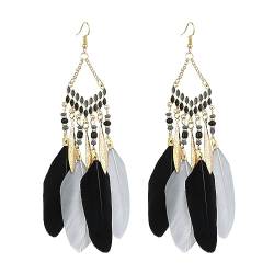 BSLVWG Böhmische Feder Ohrringe für Frauen,Faux Feder Ohrringe Böhmische Fransen Ohrringe Quaste Handmade Long Drop Dangle Earrings Ethnic Long Feather Fringe Earrings für Frauen und Mädchen(Schwarz) von BSLVWG