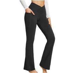 BSLVWG Bootcut Yoga Hose mit Taschen für Frauen Sporthose Hohe Taille Crossover Workout Bootleg Bauchkontrolle Arbeitshose (DE/NL/SE/PL, Bundweite, XL, Große Größen, Regular, Schwarz) von BSLVWG